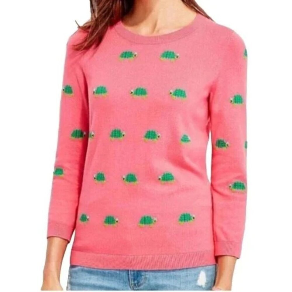 Talbots Petite Womens Size P Beaded Green Turtle Print Novelty Sweater Pink 1782